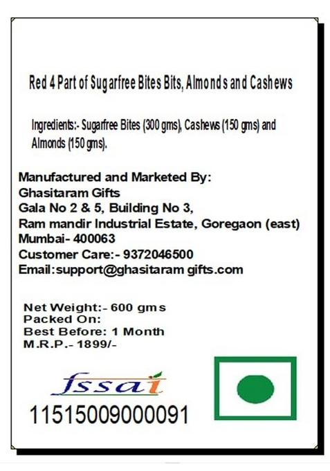 Ghasitaram Gifts Express Delivery Red 4 Part of Sugarfree Bites Bits, Almonds and Cashews|Dry Fruit Combo Pack Offer|Dry Gift Pack|Dry Box|Diwali Dry Box|Mix Nut|