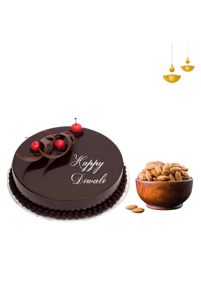 BIGWISHBOX Bigwish Box Special Diwali Combo with Chocolate Truffle Cake 500g & Almonds Pack 250g for Friends, Family, Relatives, Corporate Client Gifting