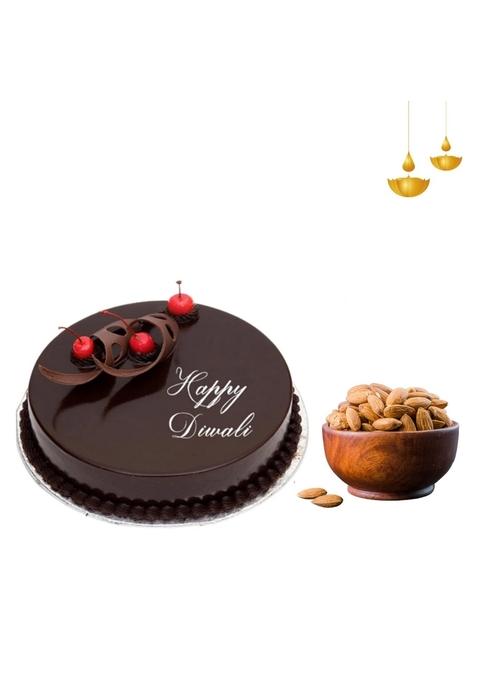 BIGWISHBOX Bigwish Box Special Diwali Combo with Chocolate Truffle Cake 500g & Almonds Pack 250g for Friends, Family, Relatives, Corporate Client Gifting