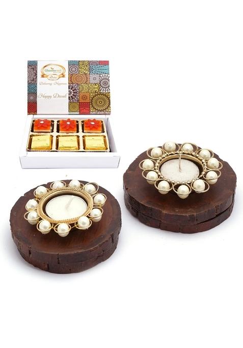Ghasitaram Gifts Express Delivery Diwali 4 Coasters & T-Lites with Happy Assorted Bites Box 6 Pcs|Sweets|Sweets Gift Pack|Diwali Sweets|Indian Mithai|Diwali Sweets