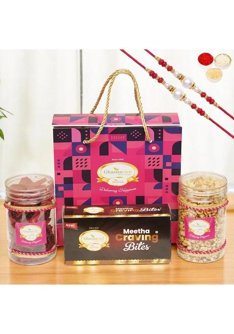 Ghasitaram Gifts Rakhi for BrothersBag Gift Box with bites, namkeen and 2 rakhis