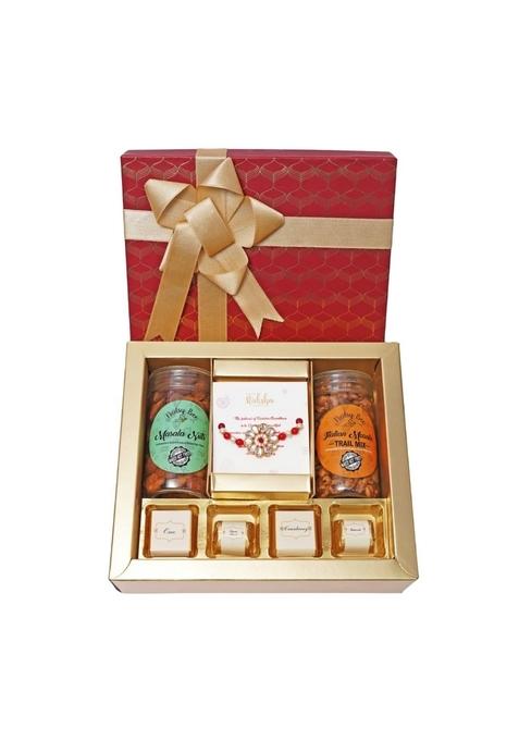 VELVET FINE CHOCOLATES Ribbon of Love Sweets Box | Assorted & Kundan Rakhi Combo Perfect for Rakshabandhan Pack 1