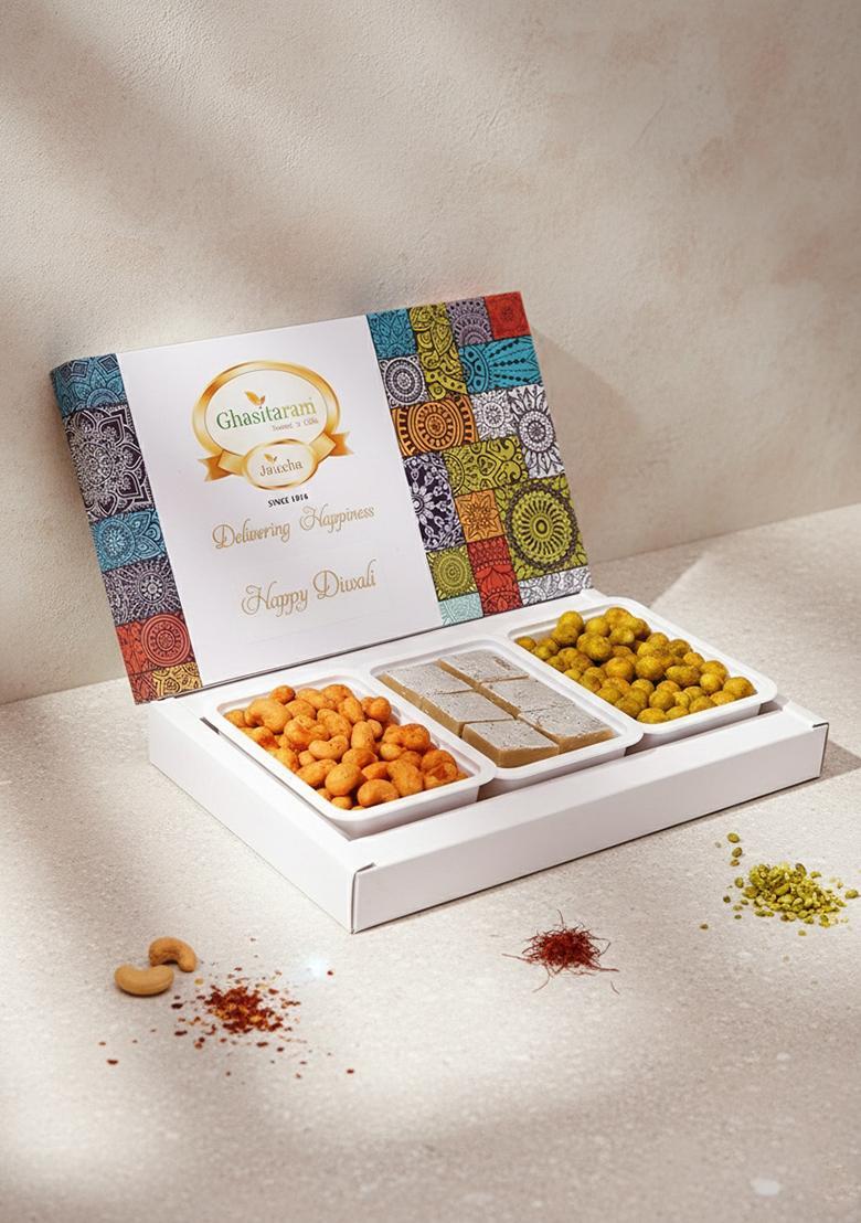 Ghasitaram Gifts Express Delivery Assorted Festive Box of Kaju Katli, Crunchy Cashews, Peanuts|Gift for Diwali,Holi,Valentine,Birthday,Anniversary,Gift Her,Him,Mothers Day,Fathers Day|