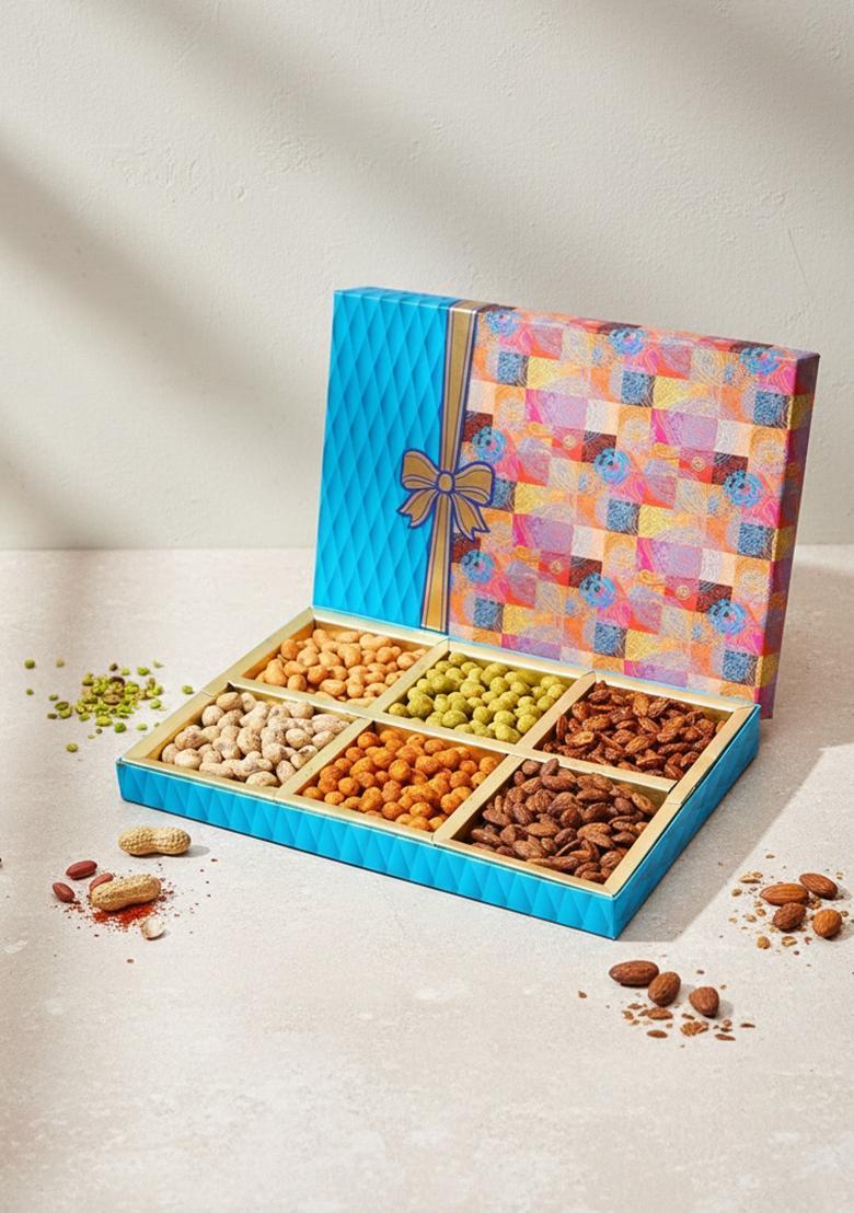 Ghasitaram Gifts Express Delivery Fruit n Nut 6 Part Box of Crunchy Cashews,Crunchy Peanuts & Flavoured Almonds 600 GMS|Gift for Diwali,Valentine,Birthday,Anniversary,Gift Her,Him,Mothers Day|