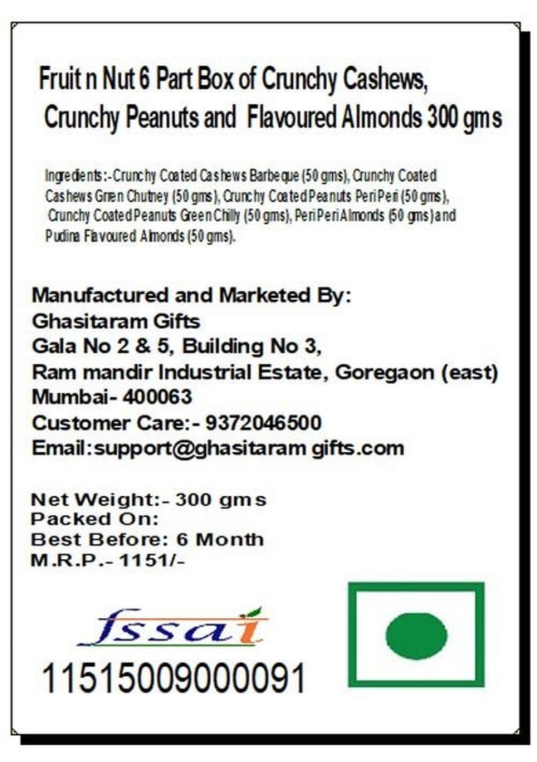 Ghasitaram Gifts Express Delivery Fruit n Nut 6 Part Box of Crunchy Cashews,Crunchy Peanuts & Flavoured Almonds 600 GMS|Gift for Diwali,Valentine,Birthday,Anniversary,Gift Her,Him,Mothers Day|