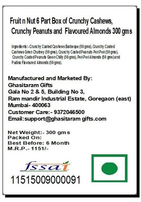 Ghasitaram Gifts Express Delivery Fruit n Nut 6 Part Box of Crunchy Cashews,Crunchy Peanuts & Flavoured Almonds 600 GMS|Gift for Diwali,Valentine,Birthday,Anniversary,Gift Her,Him,Mothers Day|