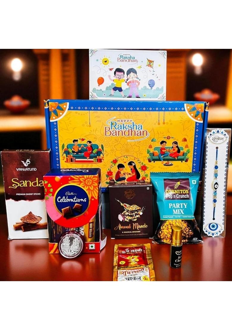 PartySutra Rakhi Gift Combo Box for Brother Bhaiya & Bhabhi-9 Inclusions + Evil Eye Nazar Kavach|Chocolate,Millet Namkeen,Almond Bar,Incense Sticks Stand,Perfume,Coin,Card,Roli Chawall