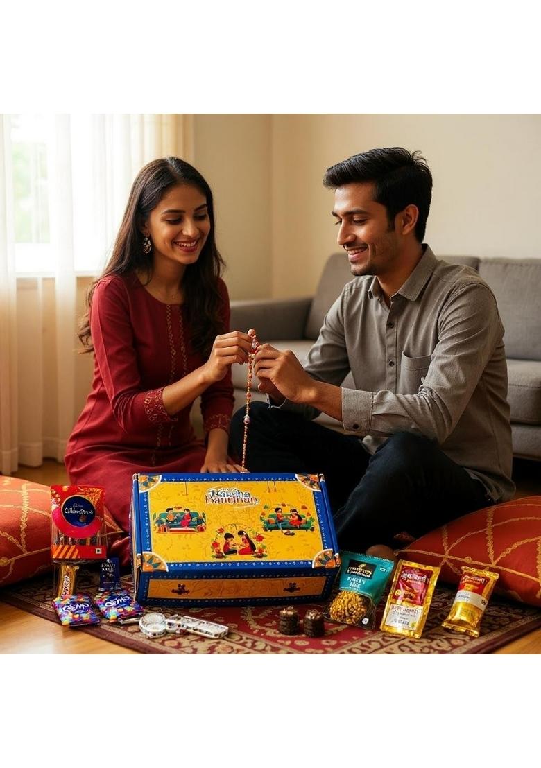 PartySutra Rakhi Gift Combo Box for Brother Bhaiya & Bhabhi-9 Inclusions + Evil Eye Nazar Kavach|Chocolate,Millet Namkeen,Almond Bar,Incense Sticks Stand,Perfume,Coin,Card,Roli Chawall