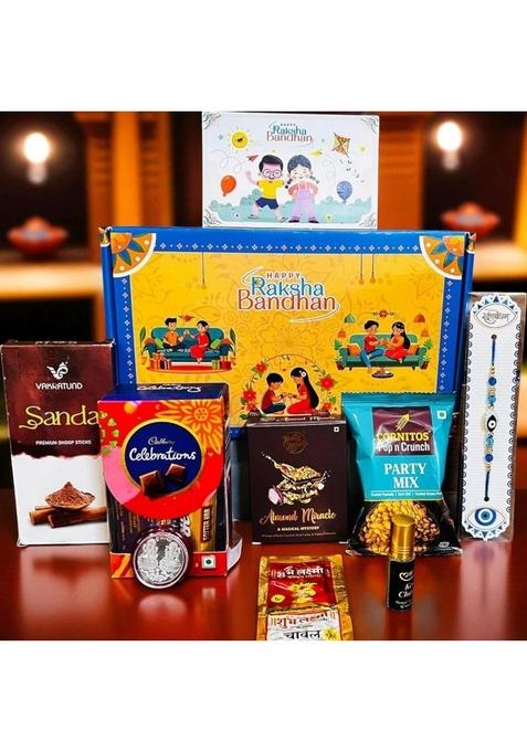 PartySutra Rakhi Gift Combo Box for Brother Bhaiya & Bhabhi-9 Inclusions + Evil Eye Nazar Kavach|Chocolate,Millet Namkeen,Almond Bar,Incense Sticks Stand,Perfume,Coin,Card,Roli Chawall