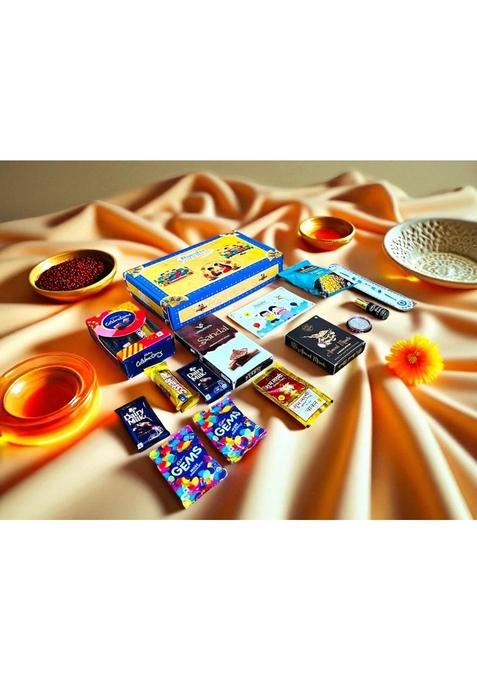 PartySutra Rakhi Gift Combo Box for Brother Bhaiya & Bhabhi-9 Inclusions + Evil Eye Nazar Kavach|Chocolate,Millet Namkeen,Almond Bar,Incense Sticks Stand,Perfume,Coin,Card,Roli Chawall