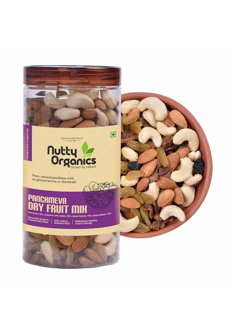 NUTTY ORGANICS Panchmeva Dry Fruit Mix 400GM Pack | Premium California Almonds 35%, Goa Cashews 20%, Oman Dates Black Raisins