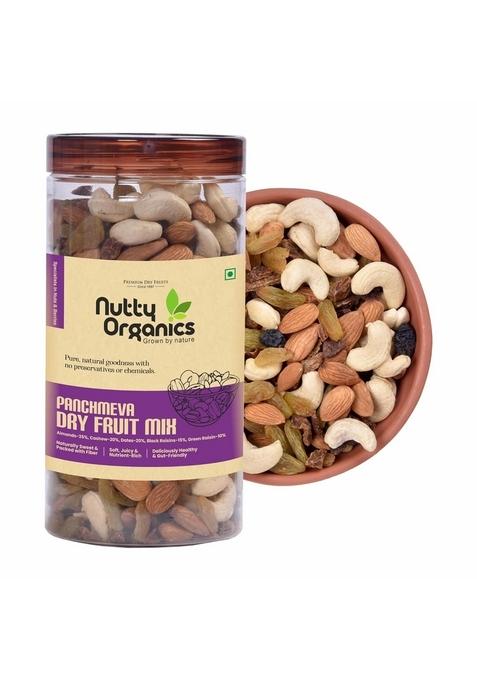 NUTTY ORGANICS Panchmeva Dry Fruit Mix 400GM Pack | Premium California Almonds 35%, Goa Cashews 20%, Oman Dates Black Raisins - 15% & Green 10%, (16 serving)
