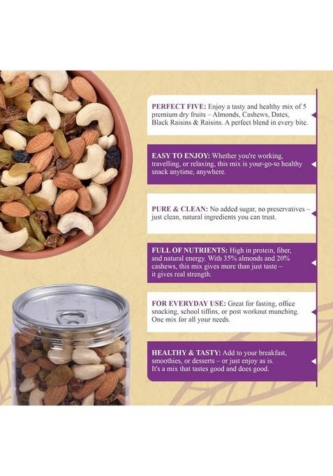 NUTTY ORGANICS Panchmeva Dry Fruit Mix 400GM Pack | Premium California Almonds 35%, Goa Cashews 20%, Oman Dates Black Raisins
