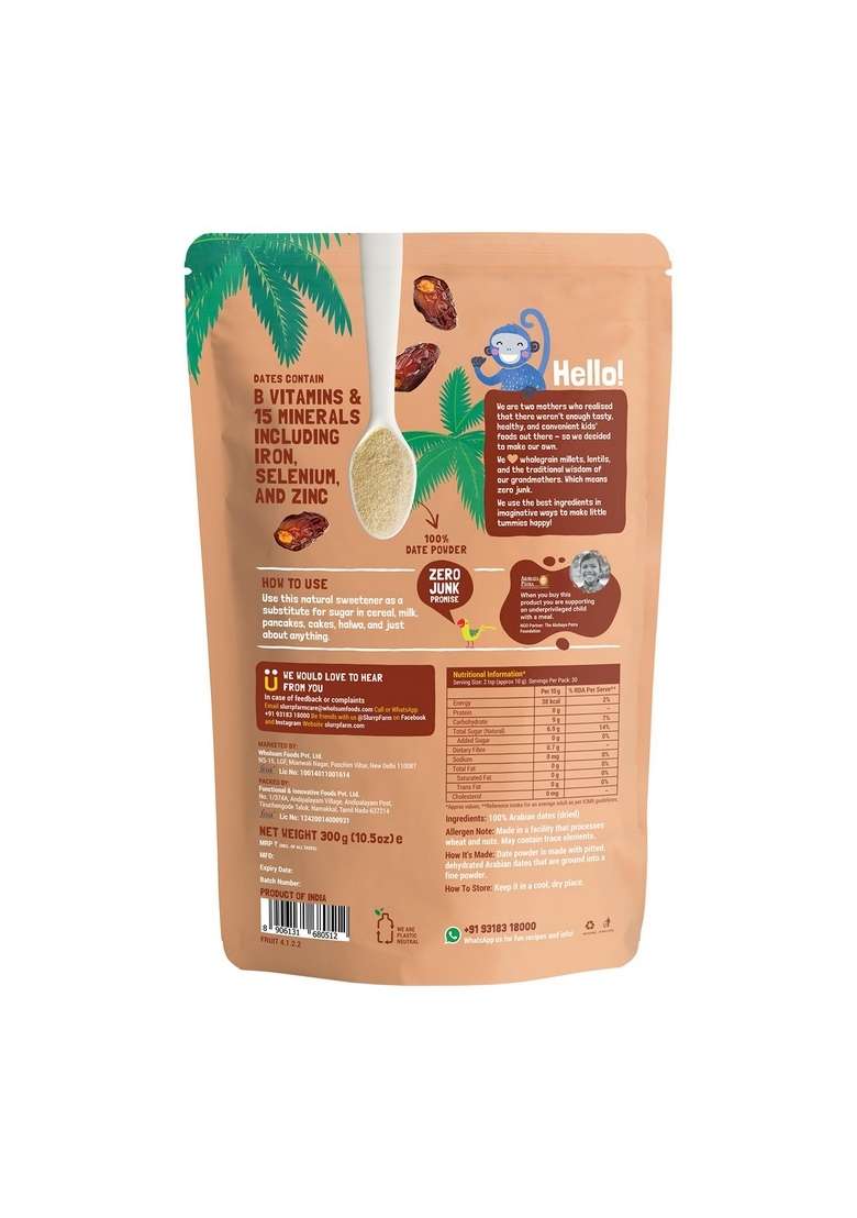 SLURRP FARM Seedless Arabian Date Powder | Kharik/Khajur 100% Natural Sweetener No Preservatives, Chemicals Healthy Substitute for Refined Sugar Dates Little Ones, 300g - Indya