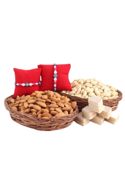 BIGWISHBOX Rakhi Gifts | Kaju Katli Mithai 800g Almonds 1Kg Cashew Nuts 02 Beads With Roli Chawal Tilak Nextday Delivery