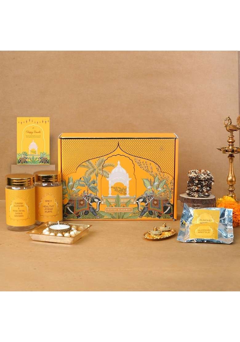 Oriole Gifts Diwali Gift Hamper for Family, Friends & Corporate| Premium Chocolates, Almond Brittles, Jowar Puffs, Paan Shots, Turkish Coffee Nutties, Decorative Diya Greeting Card | Festive Yellow-Golden Box Employees, Clients, Staff - Indya