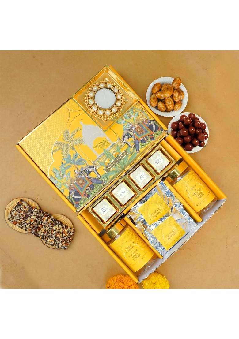 Oriole Gifts Diwali Gift Hamper for Family, Friends & Corporate| Premium Chocolates, Almond Brittles, Jowar Puffs, Paan Shots, Turkish Coffee Nutties, Decorative Diya Greeting Card | Festive Yellow-Golden Box Employees, Clients, Staff - Indya