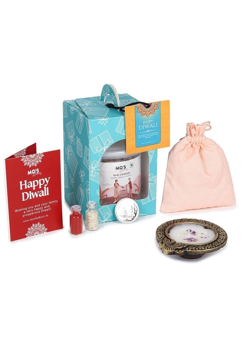 Mo's Premium Diwali Gift box with Ragi Cookies | Deepawali Diya, Roli Tikka Chawal and Pooja Coin in Stylish Potli Pouch & Geetings Card Healthy for Family Friends Festive Gifts