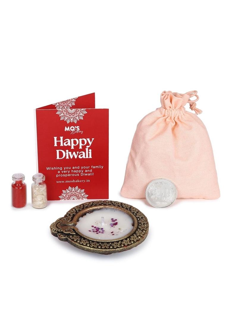 Mo's Premium Diwali Gift box with Ragi Cookies | Deepawali Diya, Roli Tikka Chawal and Pooja Coin in Stylish Potli Pouch & Geetings Card Healthy for Family Friends Festive Gifts