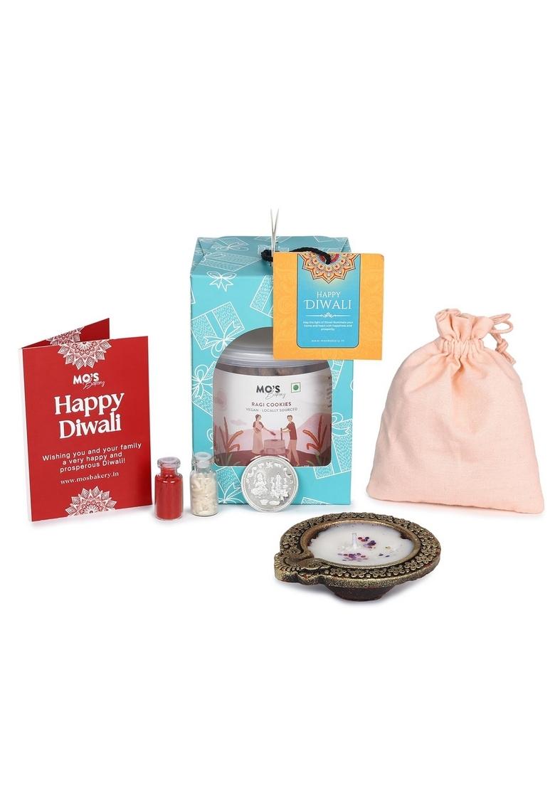 Mo's Premium Diwali Gift box with Ragi Cookies | Deepawali Diya, Roli Tikka Chawal and Pooja Coin in Stylish Potli Pouch & Geetings Card Healthy for Family Friends Festive Gifts
