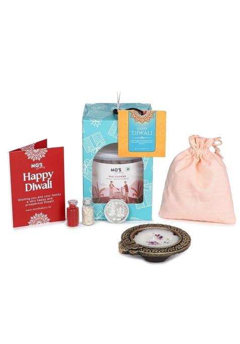Mo's Premium Diwali Gift box with Ragi Cookies | Deepawali Diya, Roli Tikka Chawal and Pooja Coin in Stylish Potli Pouch & Geetings Card Healthy for Family Friends Festive Gifts