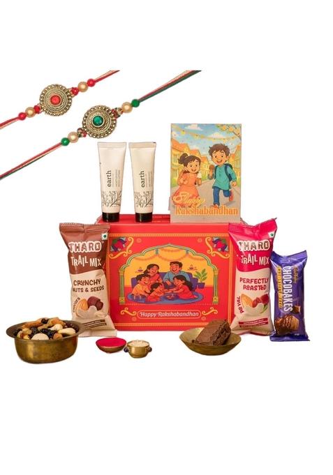 Gifticon Rakshabandhan for Brother with Chocolates Hamper Combo Pack of 2 Rakhi ,2 Celebrations chocolate Trail MIx, 1 chocobakes cake , kimirika Earth Body lotion & Wash each, Roli Chawal Card | IB50-3R-KCHV-SPRLPNDL-CLSCMOR