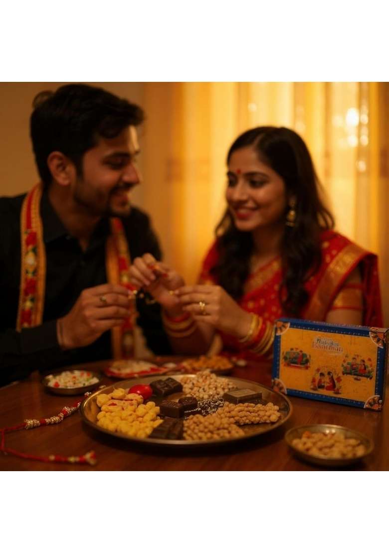 MOBINA Rakhi Gift Combo Box for Brother Bhaiya & Bhabhi-9 Inclusions + Evil Eye Nazar Kavach|Chocolate,Millet Namkeen,Almond Bar,Incense Sticks Stand,Perfume,Coin,Card,Roli Chawall - Indya