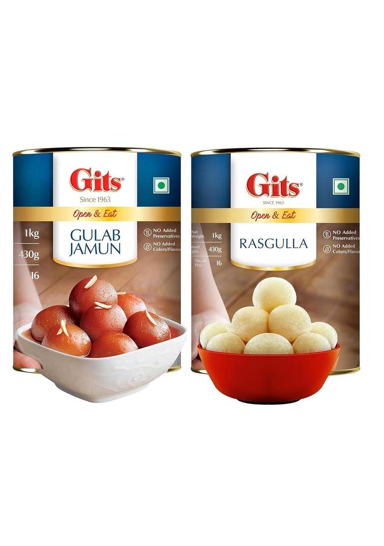 Gits Gulab Jamun + Rasgulla | Open & Eat| 16 Pieces Per Tin Mouth-Watering Indian Mithai, 2Kg combo pack 1Kg - Indya