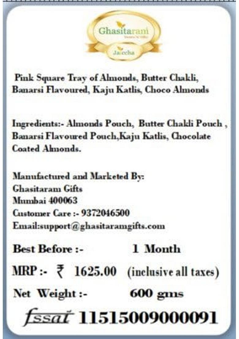 Ghasitaram Gifts Express Delivery Pink Square Tray of Almonds,Butter Chakli,Banarsi Flavoured,Kaju Katlis,Choco Almonds|Gift for Diwali,Valentine,Birthday,Anniversary,Gift Her,Him,Mothers Day|