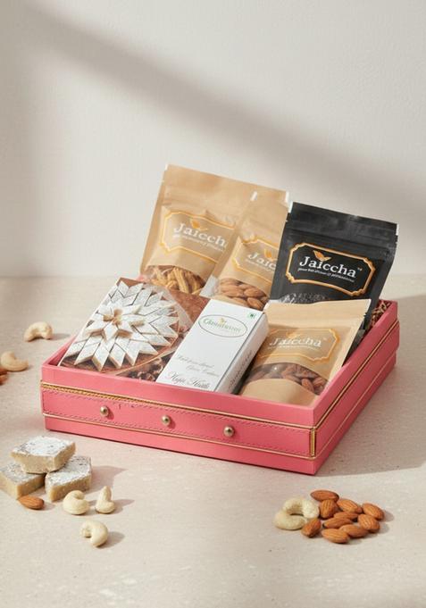 Ghasitaram Gifts Express Delivery Pink Square Tray of Almonds,Butter Chakli,Banarsi Flavoured,Kaju Katlis,Choco Almonds|Gift for Diwali,Valentine,Birthday,Anniversary,Gift Her,Him,Mothers Day|