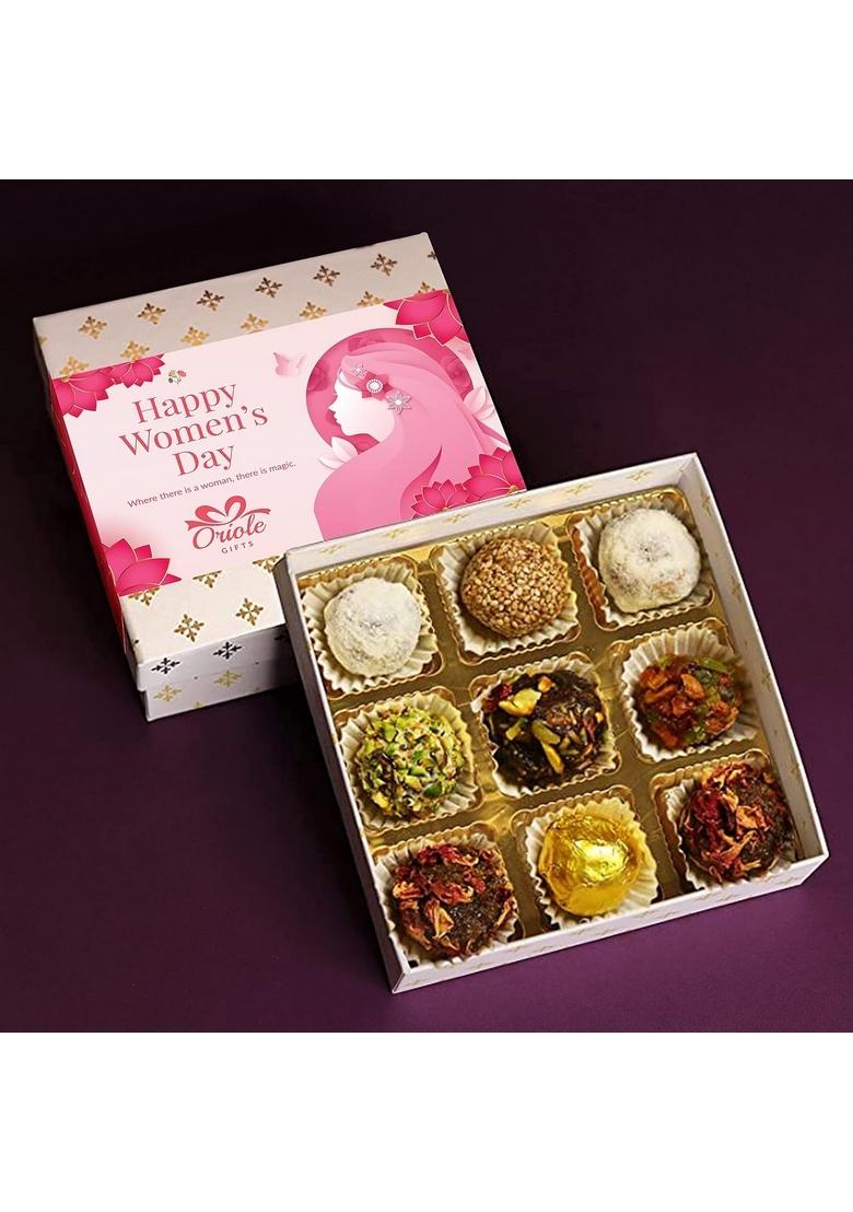 Oriole Gifts Womens Day Hamper for Girlfriend, Wife, Mother, Sister with | 9 Chocolate & Dry Fruit Balls Sweets in Exotic 7 Flavours