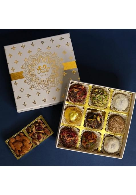 Oriole Gifts Womens Day Hamper for Girlfriend, Wife, Mother, Sister with | 9 Chocolate & Dry Fruit Balls Sweets in Exotic 7 Flavours