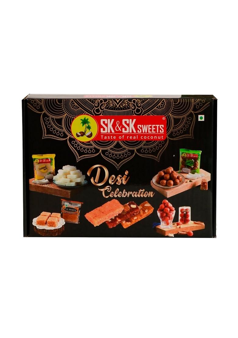 SK & SWEETS Celebration Sweet Box | Coconut Laddu Barfi Combo of Coco hotz,desi almond jaggery burfi,desi mango desi anjeer dryfruit meetha kardant Indian Mithai Gift Pack (Pack 24, 1 kg)