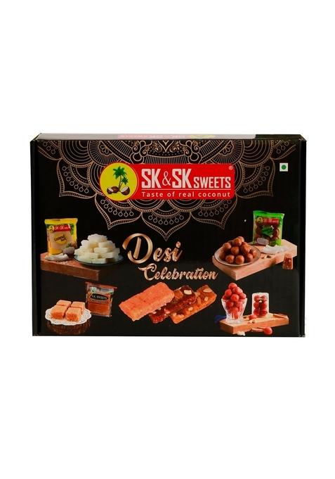 SK & SWEETS Celebration Sweet Box | Coconut Laddu Barfi Combo of Coco hotz,desi almond jaggery burfi,desi mango desi anjeer dryfruit meetha kardant Indian Mithai Gift Pack (Pack 24, 1 kg)