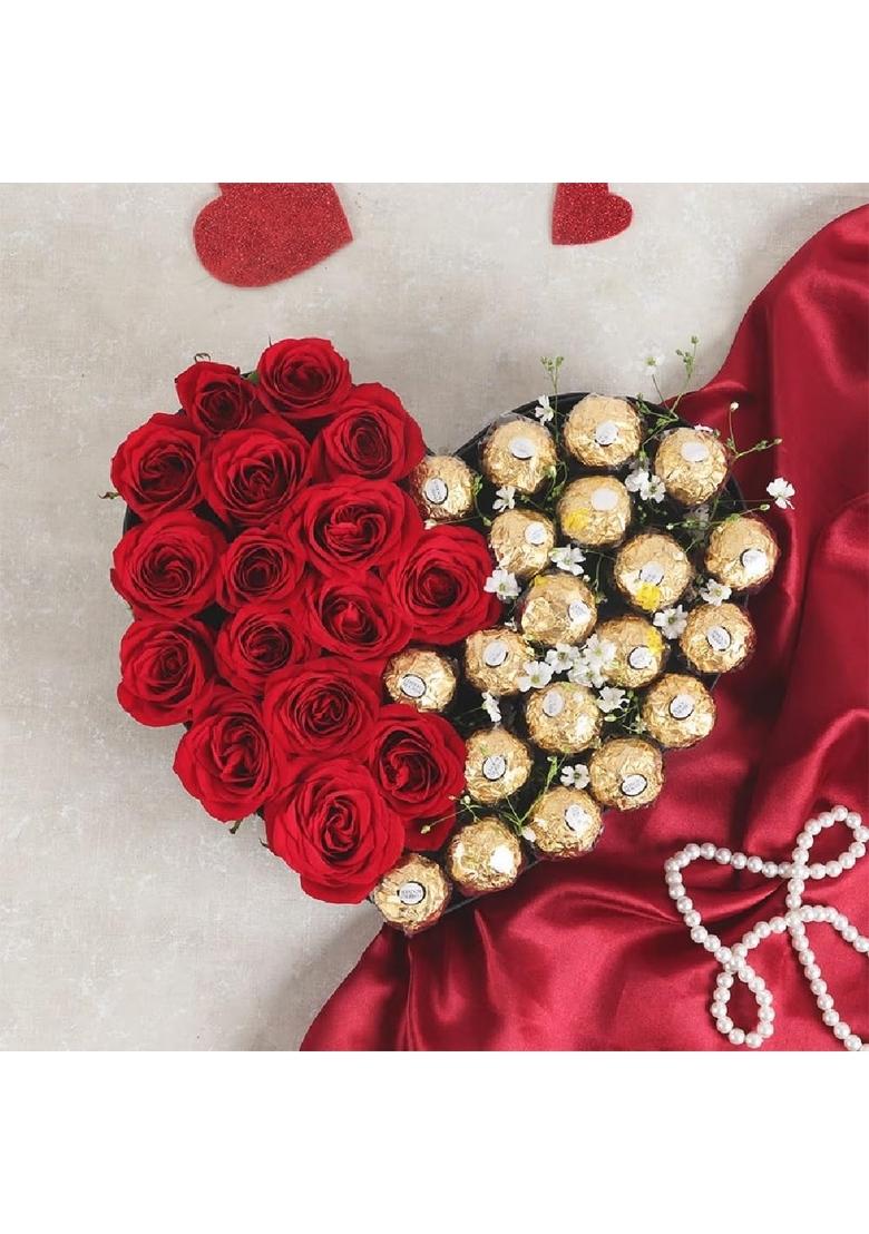 Floweraura Romantic Flower Bouquet of 16 Red Roses With 20 Choco Rolls In Heart Box For Valentine's Day Gift, Birthday Anniversary Gift & Mother's (Same Delivery)