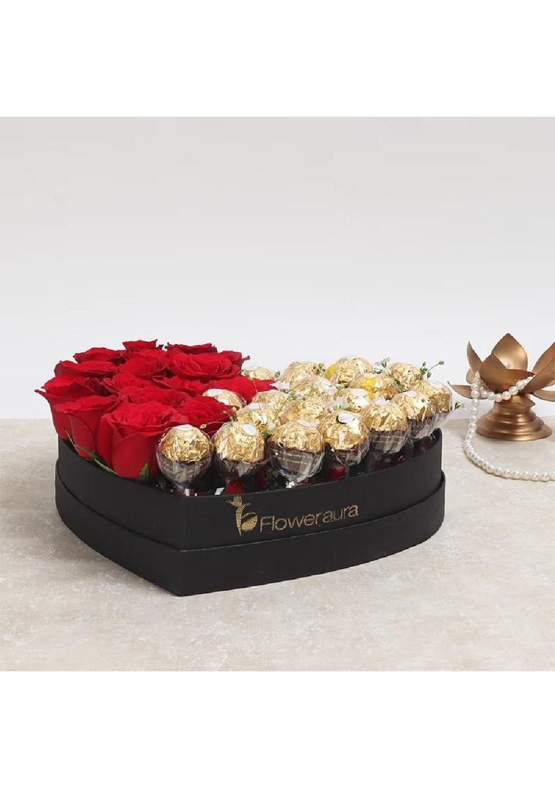 Floweraura Romantic Flower Bouquet of 16 Red Roses With 20 Choco Rolls In Heart Box For Valentine's Day Gift, Birthday Anniversary Gift & Mother's (Same Delivery)