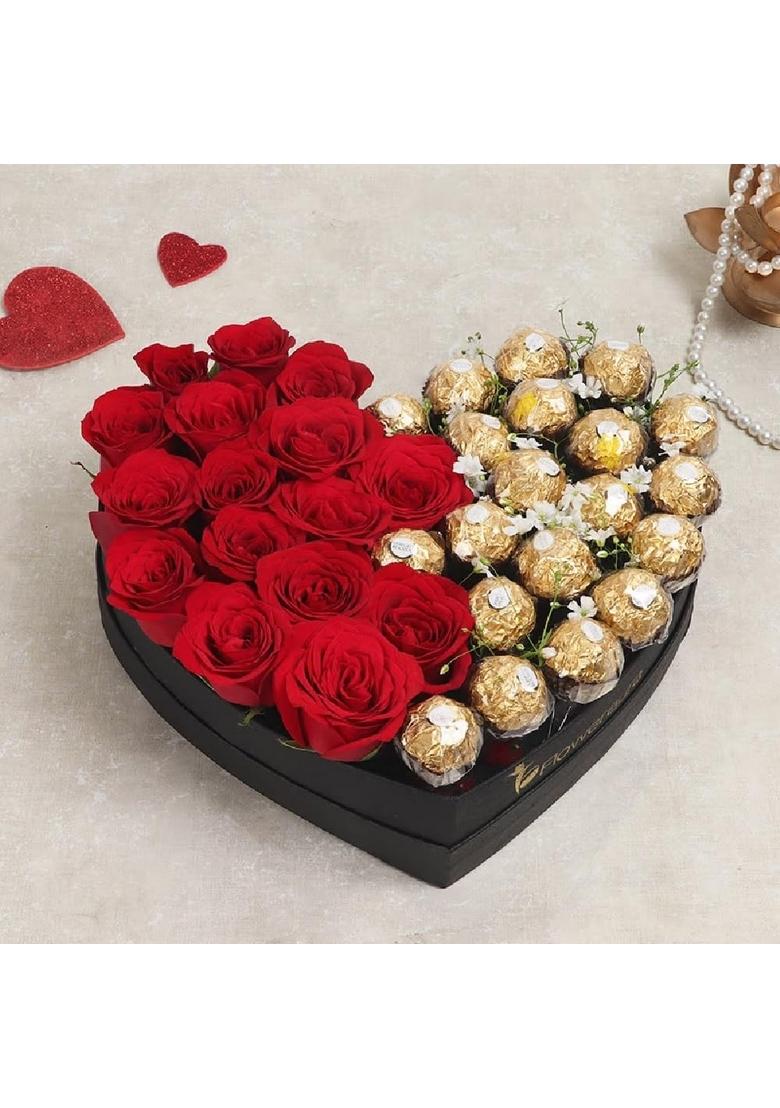 Floweraura Romantic Flower Bouquet of 16 Red Roses With 20 Choco Rolls In Heart Box For Valentine's Day Gift, Birthday Anniversary Gift & Mother's (Same Delivery)
