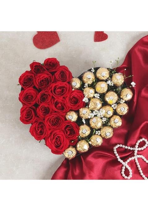 Floweraura Romantic Flower Bouquet of 16 Red Roses With 20 Choco Rolls In Heart Box For Valentine's Day Gift, Birthday Anniversary Gift & Mother's (Same Delivery)