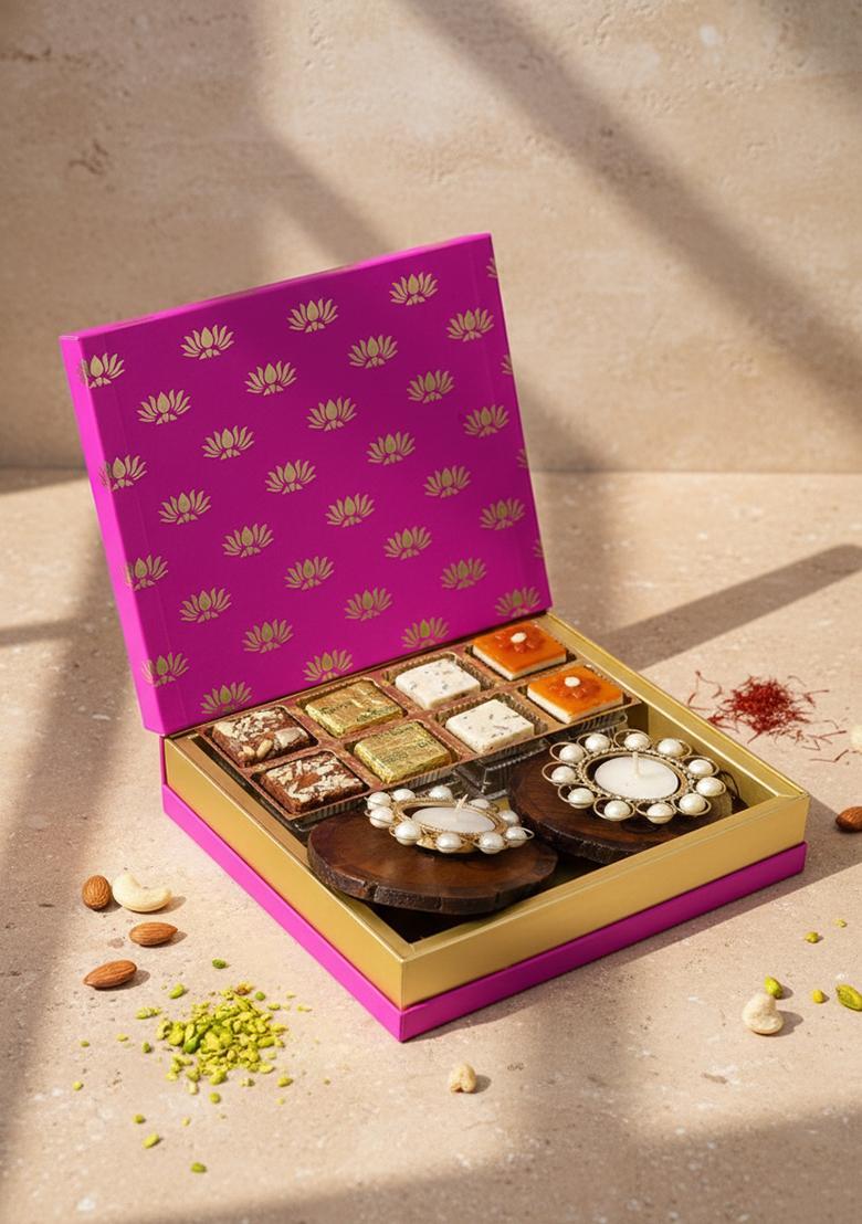 Ghasitaram Gifts Express Delivery Festive Pink Box of Assorted Bites, 2 Wooden Coasters & T-Lites|Gift for Diwali,Holi,Valentine,Birthday,Anniversary,Gift Her,Him,Mothers Day,Fathers Day|