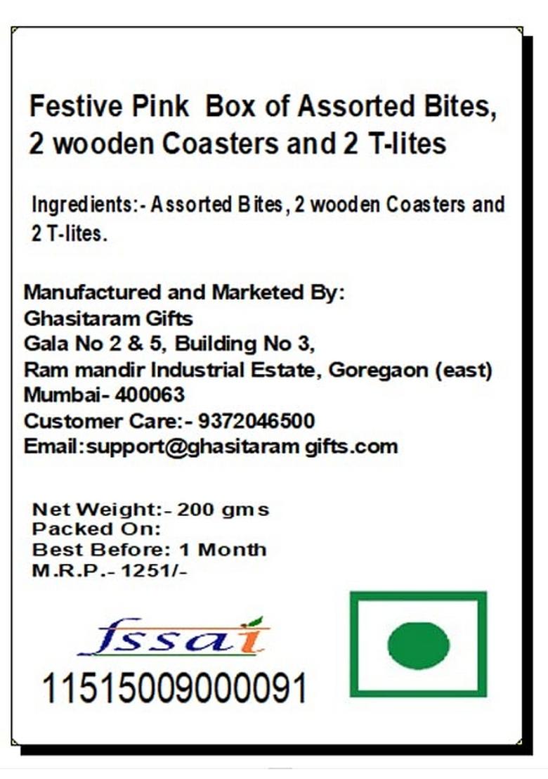 Ghasitaram Gifts Express Delivery Festive Pink Box of Assorted Bites, 2 Wooden Coasters & T-Lites|Gift for Diwali,Holi,Valentine,Birthday,Anniversary,Gift Her,Him,Mothers Day,Fathers Day|