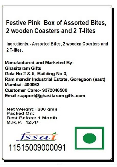 Ghasitaram Gifts Express Delivery Festive Pink Box of Assorted Bites, 2 Wooden Coasters & T-Lites|Gift for Diwali,Holi,Valentine,Birthday,Anniversary,Gift Her,Him,Mothers Day,Fathers Day|