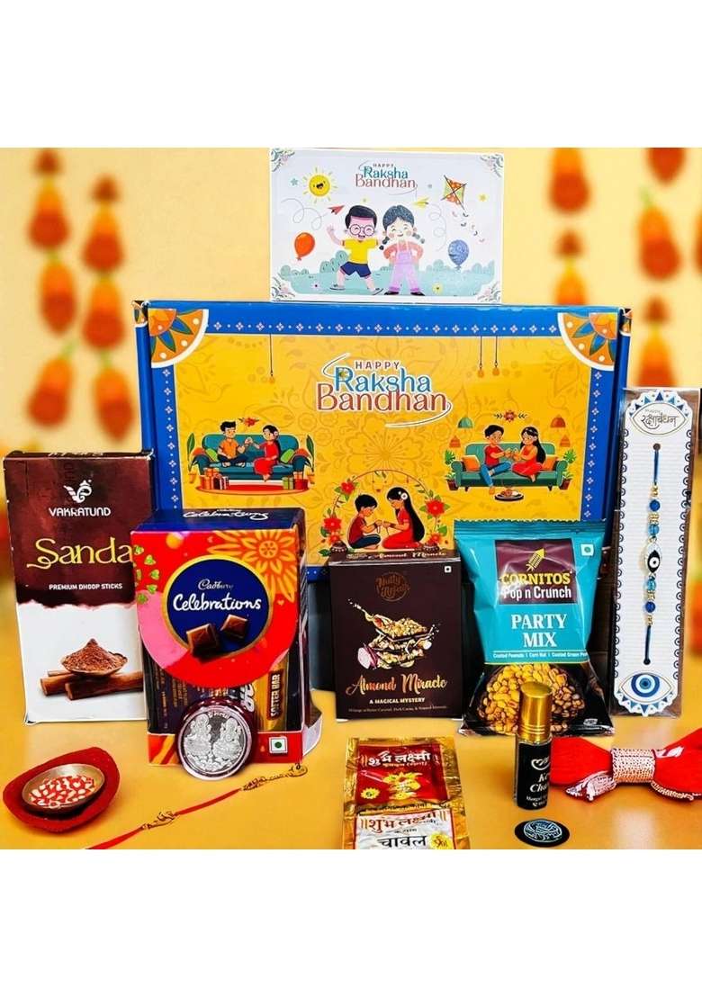 Osmosis Rakhi Gift Combo Box for Brother Bhaiya & Bhabhi-9 Inclusions + Evil Eye Nazar Kavach|Chocolate,Millet Namkeen,Almond Bar,Incense Sticks Stand,Perfume,Coin,Card,Roli Chawall - Indya