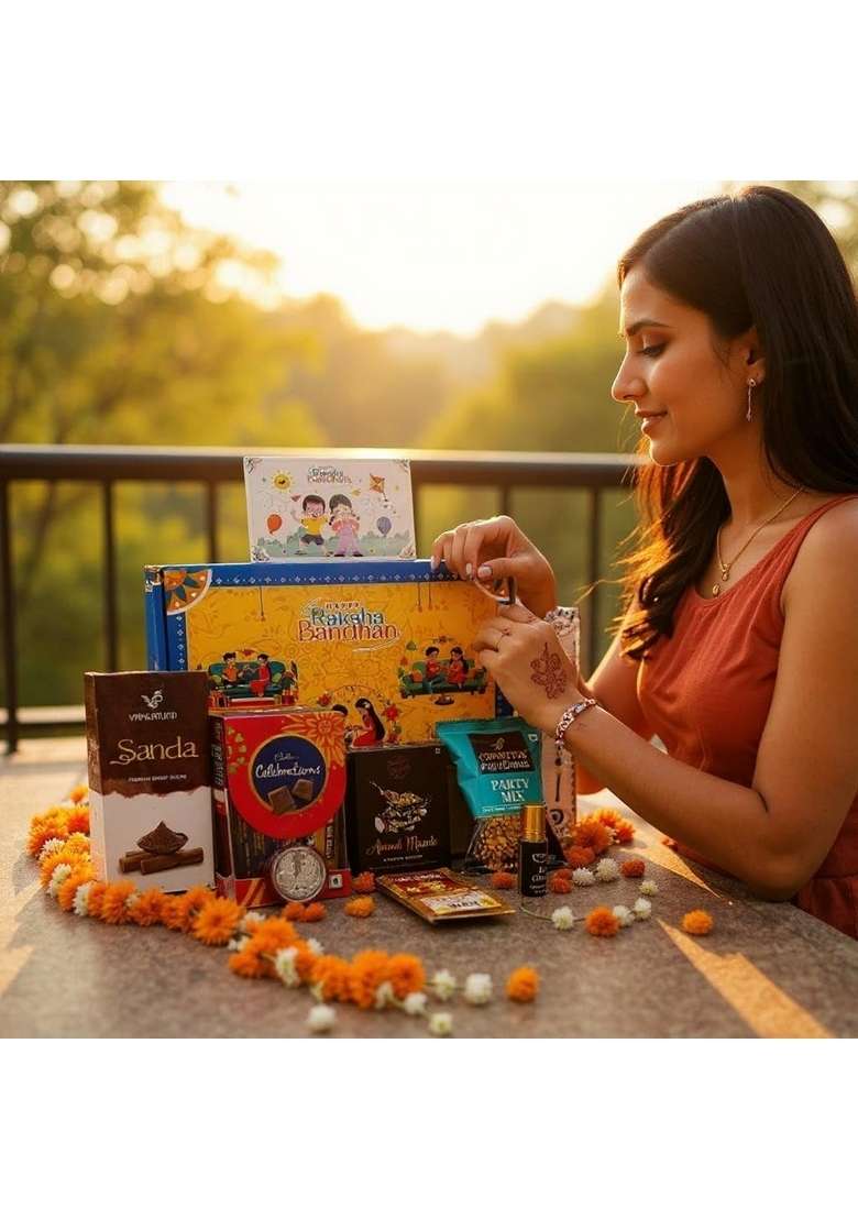 Osmosis Rakhi Gift Combo Box for Brother Bhaiya & Bhabhi-9 Inclusions + Evil Eye Nazar Kavach|Chocolate,Millet Namkeen,Almond Bar,Incense Sticks Stand,Perfume,Coin,Card,Roli Chawall - Indya