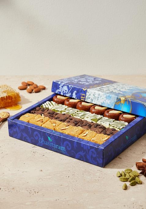Ghasitaram Gifts Express Delivery Assorted Box of Kaju Chocolate Barfi,Mango Bite, Mathura Diya & Besan Barfi 800 GMS|Gift for Diwali,Holi,Valentine,Birthday,Anniversary,Gift Her,Him,Mothers Day|