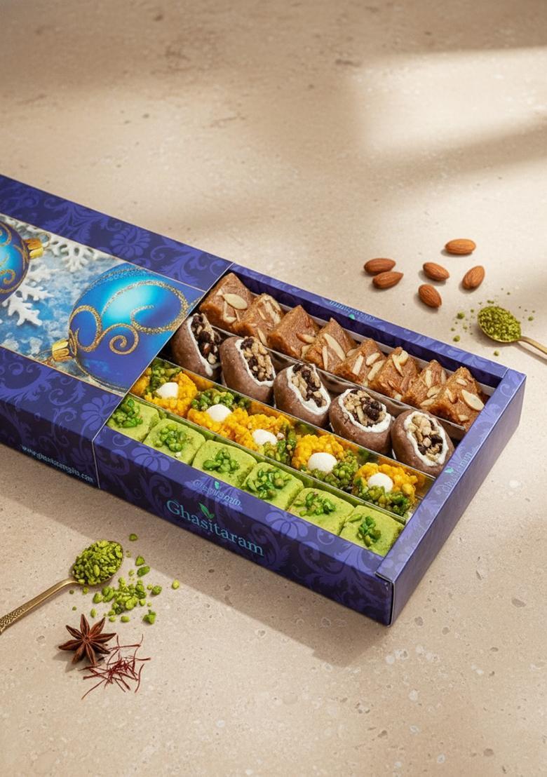 Ghasitaram Gifts Express Delivery Assorted Box of Pista Barfi, Kesar Delight, Choco Boat & Besan Barfi 800 GMS|Gift for Diwali,Holi,Valentine,Birthday,Anniversary,Gift Her,Him,Mothers Day|