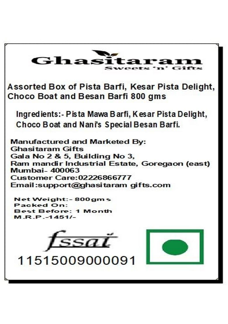 Ghasitaram Gifts Express Delivery Assorted Box of Pista Barfi, Kesar Delight, Choco Boat & Besan Barfi 800 GMS|Gift for Diwali,Holi,Valentine,Birthday,Anniversary,Gift Her,Him,Mothers Day|