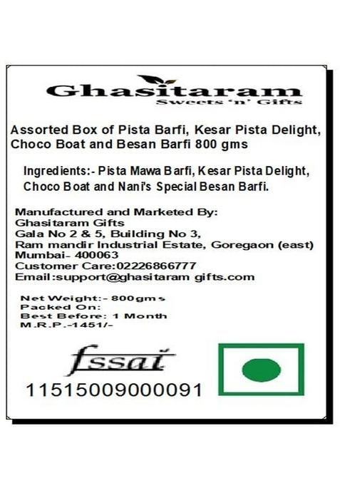 Ghasitaram Gifts Express Delivery Assorted Box of Pista Barfi, Kesar Delight, Choco Boat & Besan Barfi 800 GMS|Gift for Diwali,Holi,Valentine,Birthday,Anniversary,Gift Her,Him,Mothers Day|