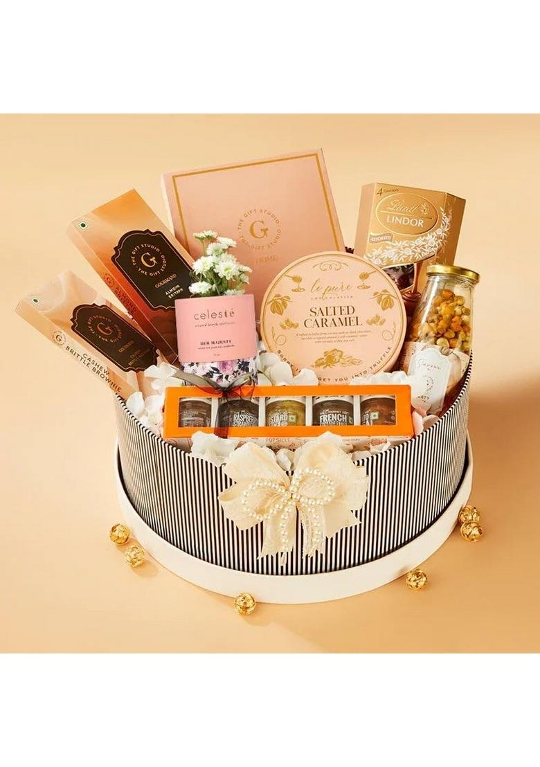 THE GIFT STUDIO.COM Savoir Faire Luxury LifestyleGift Hamper Semiprecious Agate Coasters with Gourmet Chocolates, Truffles, Party Mix, Tea & Specialty Treats Perfect Culinary Experience