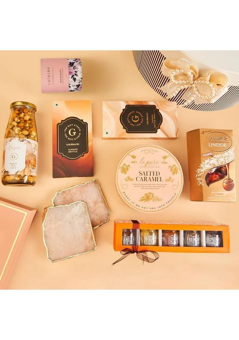 THE GIFT STUDIO.COM Savoir Faire Luxury LifestyleGift Hamper Semiprecious Agate Coasters with Gourmet Chocolates, Truffles, Party Mix, Tea & Specialty Treats Perfect Culinary Experience
