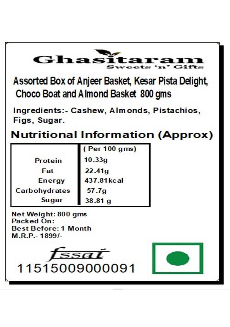 Ghasitaram Gifts Express Delivery Assorted Box of Anjeer Basket,Kesar Pista Delight,Choco Boat & Almond Basket 800 GMS|Gift for Diwali,Holi,Valentine,Birthday,Anniversary,Gift Her,Him,Mothers Day|